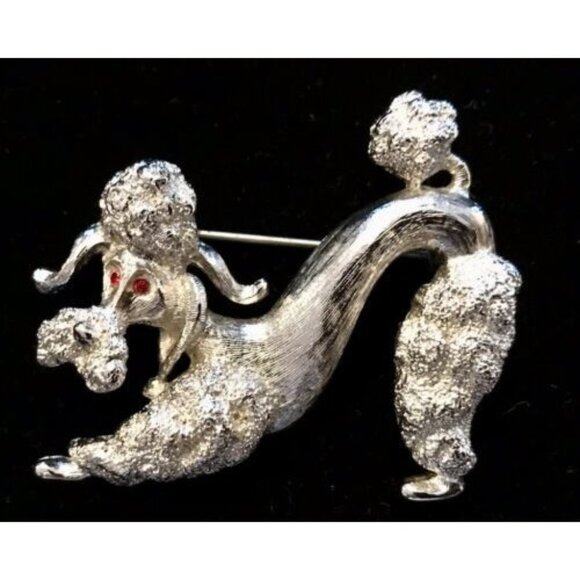 Vintage Money Brushed Silver Tone Poodle Dog Brooch w/Red Eyes Fancy Cute - Picture 1 of 4